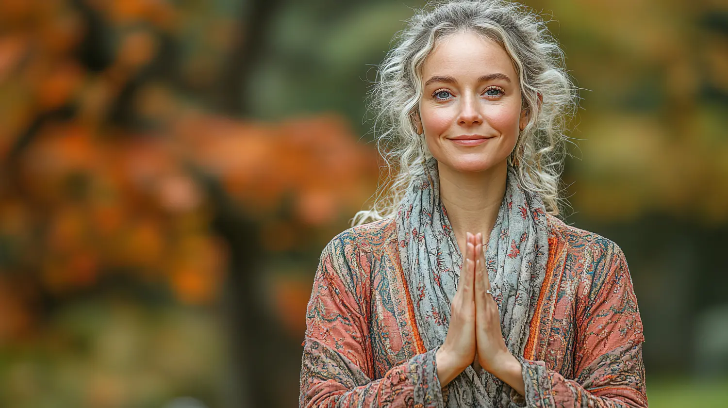 The Angel Loop - Frau übt Achtsamkeit in einem ruhigen Herbstpark mit buntem Laub